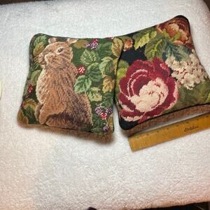 Needlepoint pillows each 9 in square with zipper closure Bunny and floral motifs